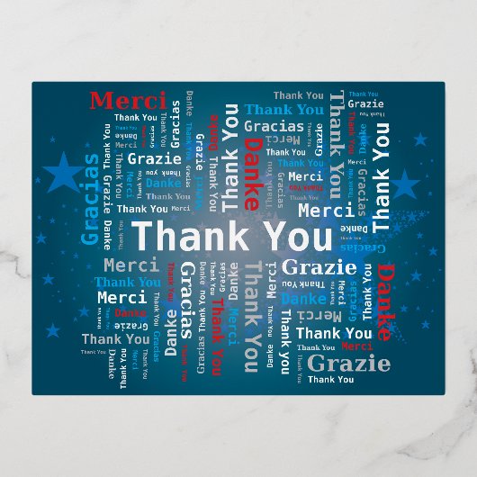 お礼Word Cloud - 5言語 – 深いブルー 箔シーズンポストカード (正面)