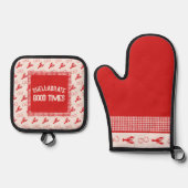 お祝いしよう！カジュアルなシーフードのギンガム 鍋つかみ&鍋敷きセット (正面)