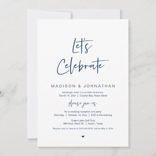 お祝いしよう、ネイビーブルー、結婚式の秘密の結婚パーティー 招待状 (正面)