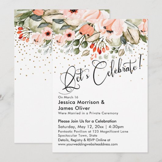 お祝いしよう！ ブラッシュ フローラル フェイク ゴールド コンフェッティ 招待状 (正面/裏面)