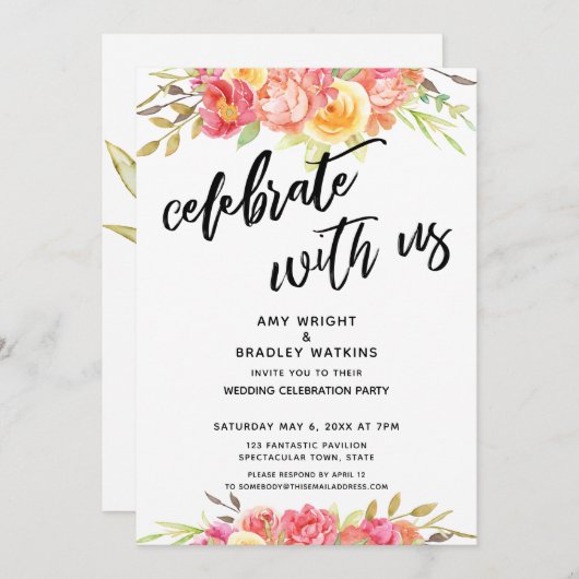 お祝いしよう 私たちとペイントされた花のウェディングレセプション 招待状 (正面/裏面)