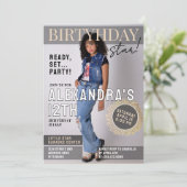 お祝いする有名人の雑誌の表紙の新聞の誕生日の写真 招待状 (スタンド正面)