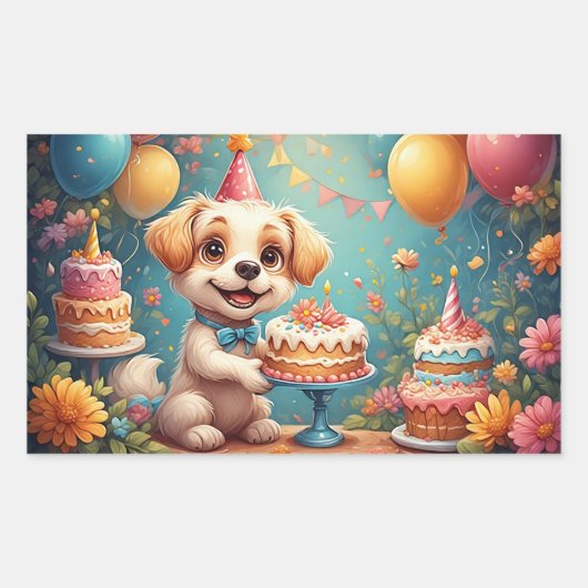 お祝いする犬の誕生日パーティー 長方形シール (正面)