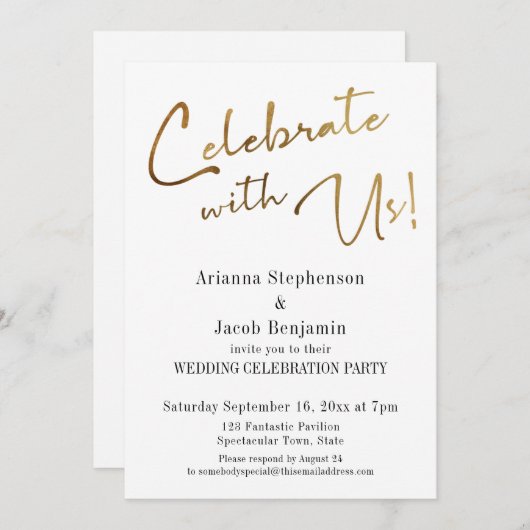 お祝いに参加しよう! シンプルなゴールドの結婚式の案内 招待状 (正面/裏面)