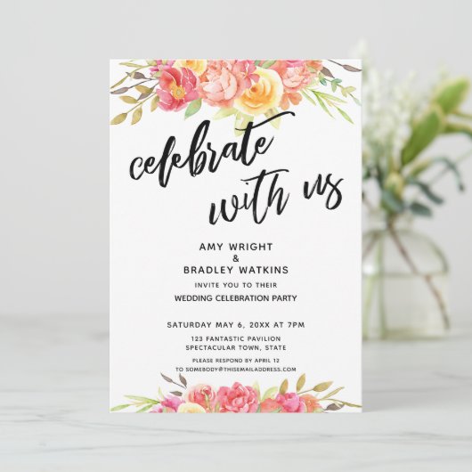 お祝いに花を添えたペイントのウェディングレセプション 招待状 (スタンド正面)