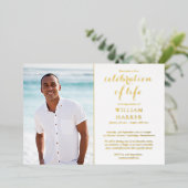 お祝いのエレガント生活葬儀写真金ゴールド 箔招待状 (立ち正面)