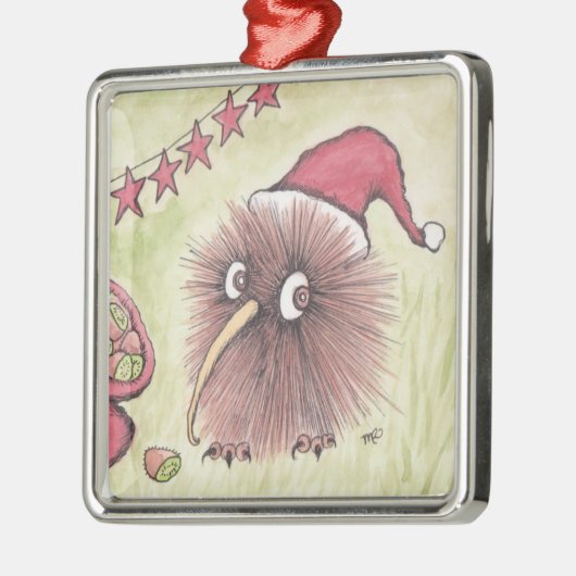 お祝いのキーウィの鳥サンタ メタルオーナメント (左)