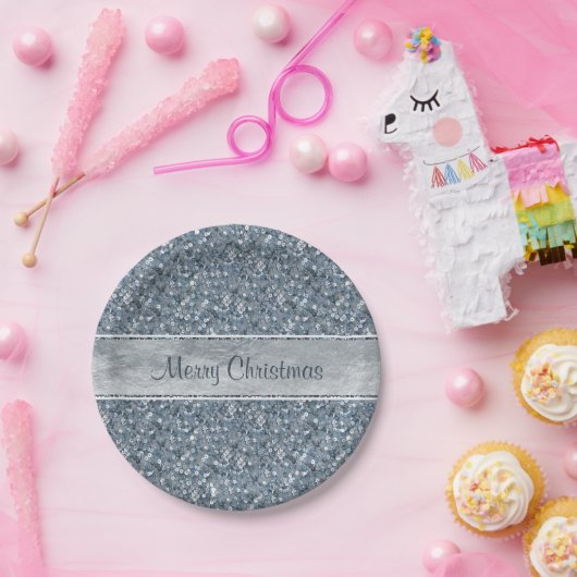 お祝いのフェイクで青いスパンコールの銀ぱくのグリッター ペーパープレート (パーティー)