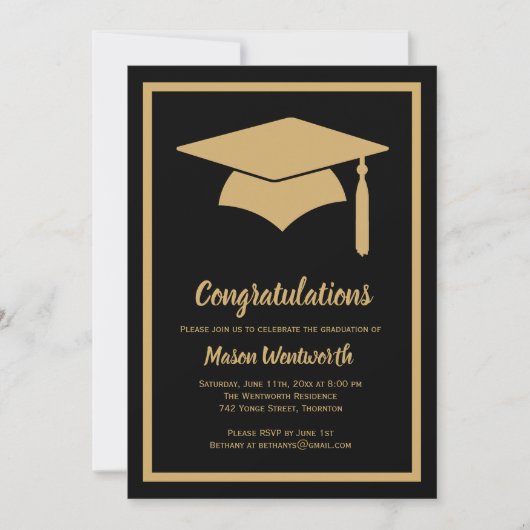 お祝いのフェイクな金ゴールド/黒い卒業生の招待状 招待状 (正面)