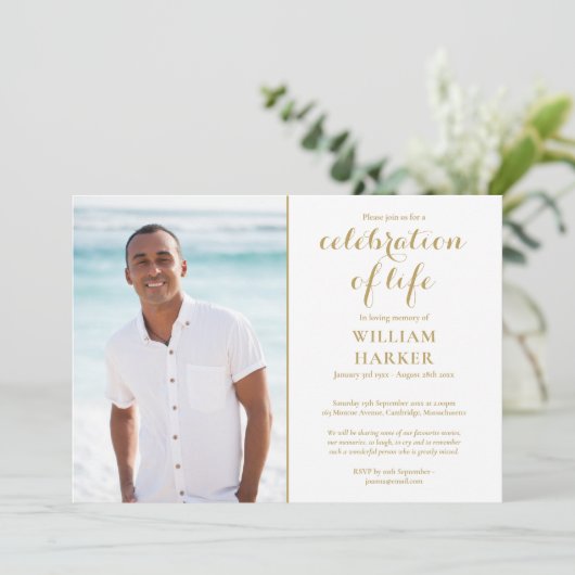 お祝いのライフエレガント金ゴールド葬儀の写真 招待状 (スタンド正面)