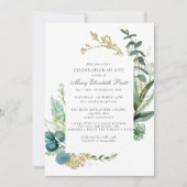 お祝いのライフ素朴ティール(緑がかった色)ブルーボタニカル 招待状 (正面)