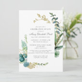 お祝いのライフ素朴ティール(緑がかった色)ブルーボタニカル 招待状 (スタンド正面)