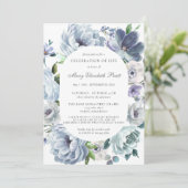 お祝いのライフ葬儀ほこりっぽいブルーフローラ 招待状 (スタンド正面)
