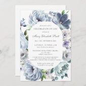 お祝いのライフ葬儀ほこりっぽいブルーフローラ 招待状 (正面/裏面)
