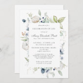 お祝いのライフ葬儀ほこりっぽいブルーフローラ 招待状 (正面/裏面)