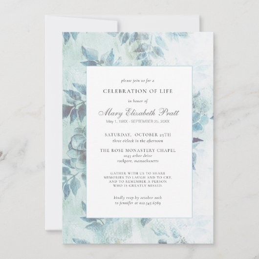 お祝いのライフ葬儀ほこりっぽいブルーフローラ 招待状 (正面)