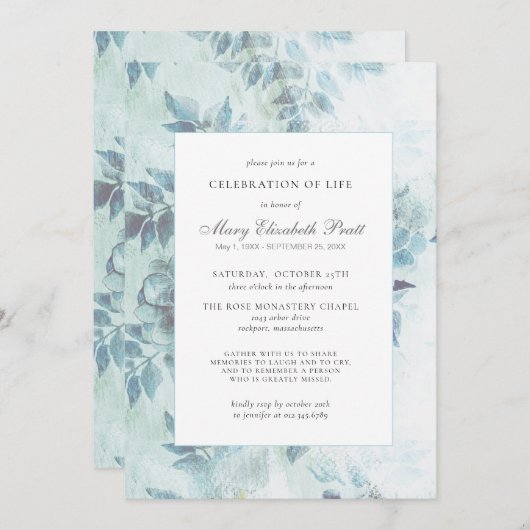 お祝いのライフ葬儀ほこりっぽいブルーフローラ 招待状 (正面/裏面)
