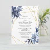 お祝いのライフ葬儀ほこりっぽいブルーフローラ 招待状 (スタンド正面)