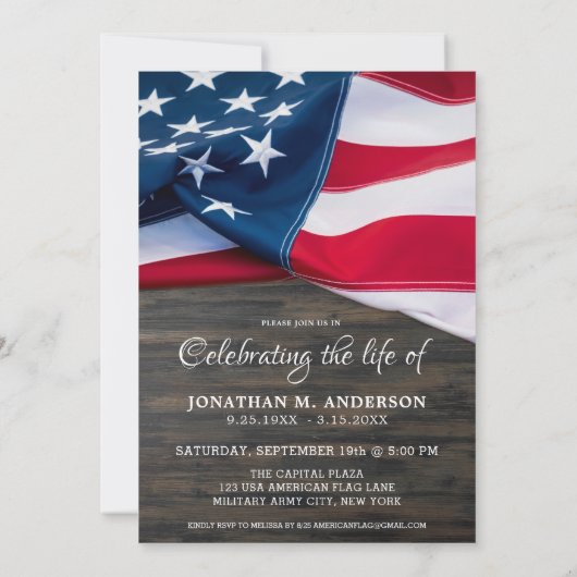 お祝いのライフ軍隊退役軍人米国国旗の写真 招待状 (裏面)