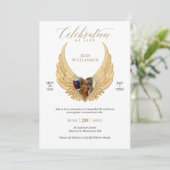 お祝いのライフ金ゴールドエンジェルウィングス写真 招待状 (スタンド正面)