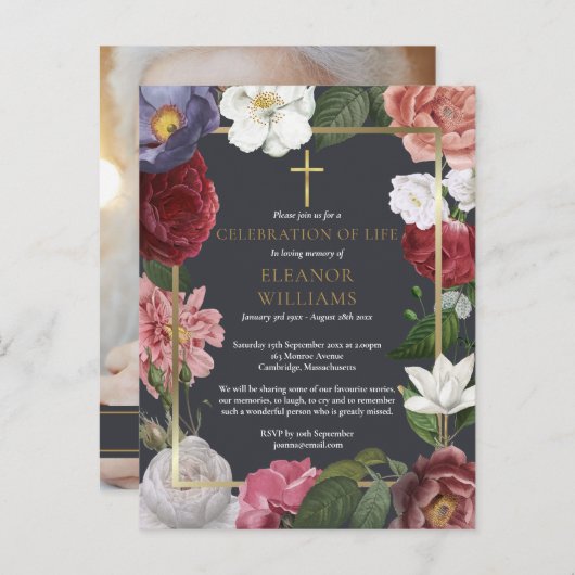 お祝いのライフ金ゴールドクロスバラフローラ写真 案内ポストカード (正面/裏面)