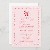 お祝いの上のチェリー 誕生日招待状 招待状 (正面/裏面)