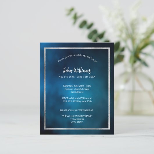 お祝いの人生の葬儀の青い写真の招待状 (スタンド正面)