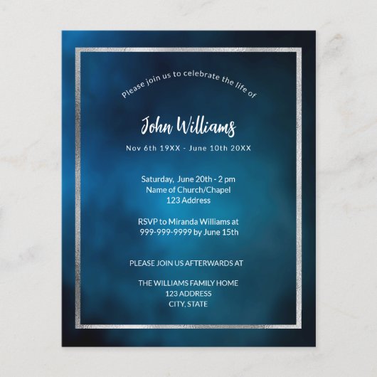 お祝いの人生の葬儀の青い写真の招待状 (正面)
