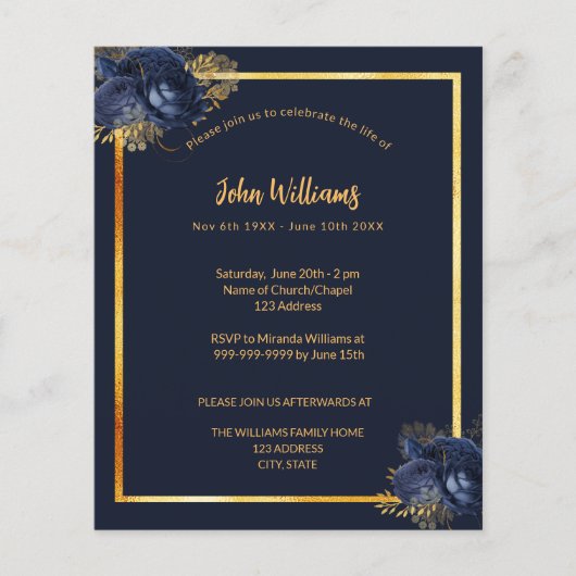 お祝いの人生の葬儀の青い写真の招待状 (正面)