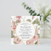 お祝いの人生の葬儀ほこりっぽいピンクのローズフローラ 招待状 (スタンド正面)