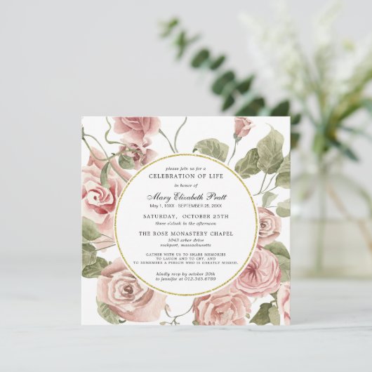 お祝いの人生の葬儀ほこりっぽいピンクのローズフローラ 招待状 (スタンド正面)