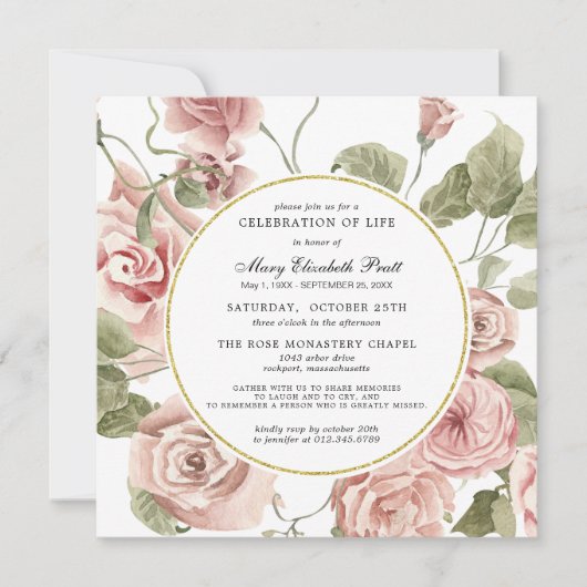 お祝いの人生の葬儀ほこりっぽいピンクのローズフローラ 招待状 (正面)