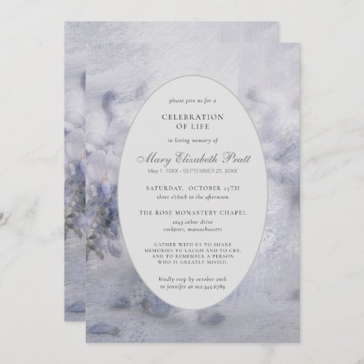 お祝いの人生の葬儀ほこりっぽい紫のフローラ 招待状 (正面/裏面)