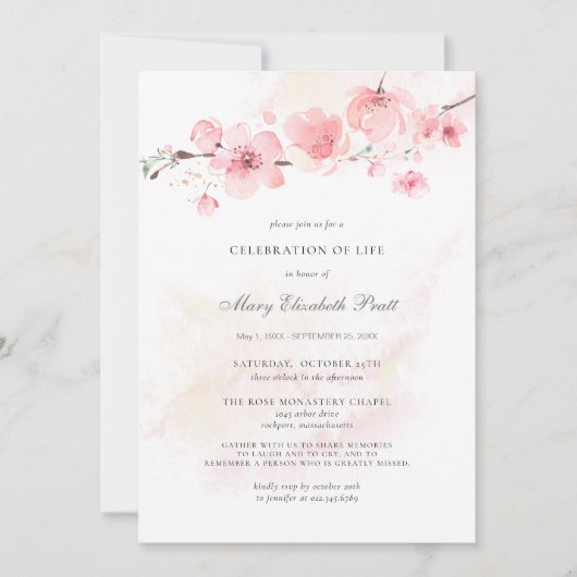 お祝いの人生の葬儀フォトピンクのフローラインヴィ 招待状 (正面)