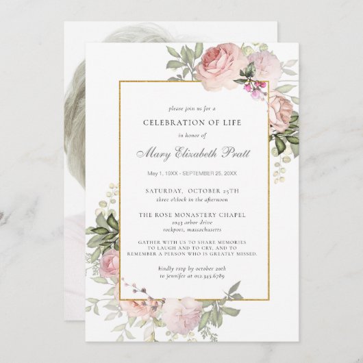 お祝いの人生の葬儀フォトピンクのフローラ 招待状 (正面/裏面)
