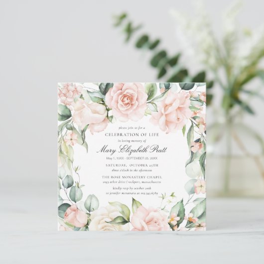 お祝いの人生の葬儀フォトピンクのローズフローラ 招待状 (スタンド正面)