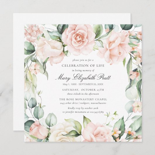 お祝いの人生の葬儀フォトピンクのローズフローラ 招待状 (正面/裏面)