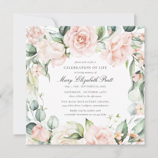 お祝いの人生の葬儀フォトピンクのローズフローラ 招待状 (正面)