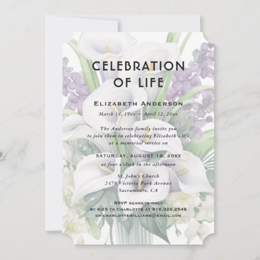 お祝いの人生の葬儀ホワイトパープルフローラ 招待状 (正面)