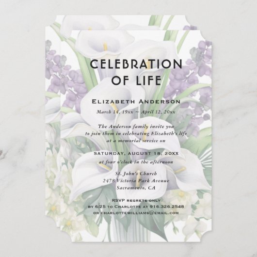 お祝いの人生の葬儀ホワイトパープルフローラ 招待状 (正面/裏面)
