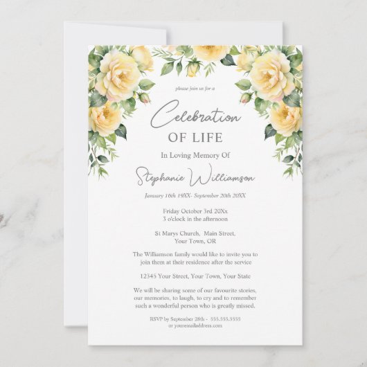 お祝いの人生4 Photo Yellow Rose葬儀 招待状 (正面)