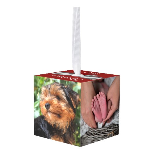 お祝いの休日の銀の弓4家族写真及び名前 キューブオーナメント (裏面アングル)