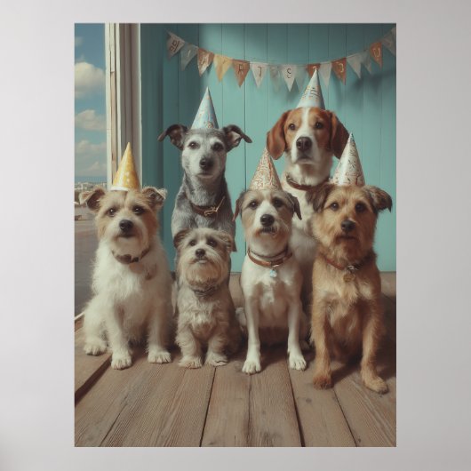 お祝いの帽子をかぶった犬の誕生日パーティー ポスター (正面)
