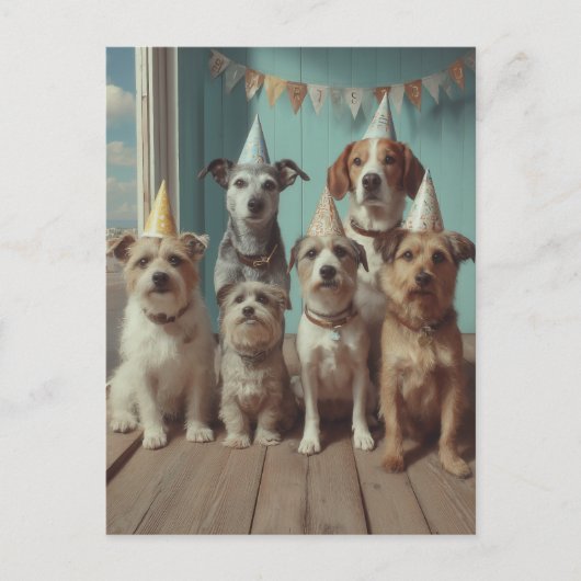 お祝いの帽子をかぶった犬の誕生日パーティー ポストカード (正面)
