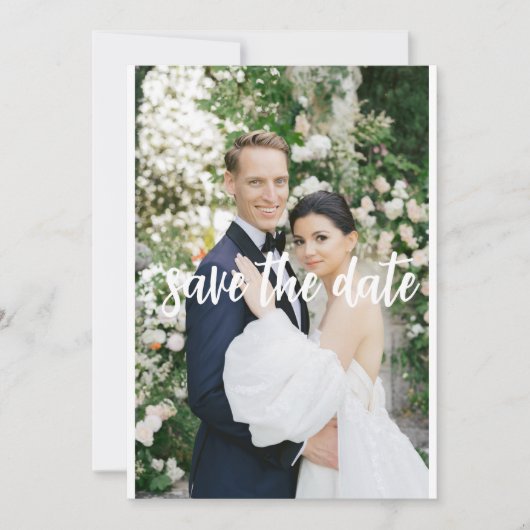 お祝いの日のために、最低限なしの「Save the date」カード 招待状 (正面)
