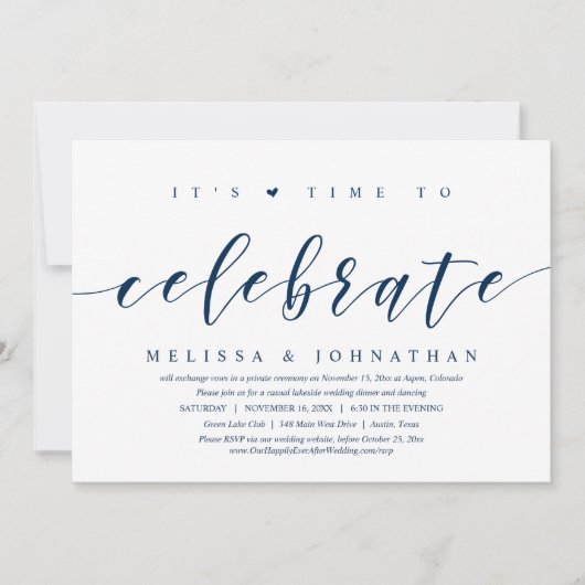 お祝いの時が来た!湖畔のカジュアルな挙式&パーティーのお知らせ 招待状 (正面)