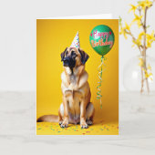 お祝いの犬の帽子 誕生日カード カード (黄色い花)