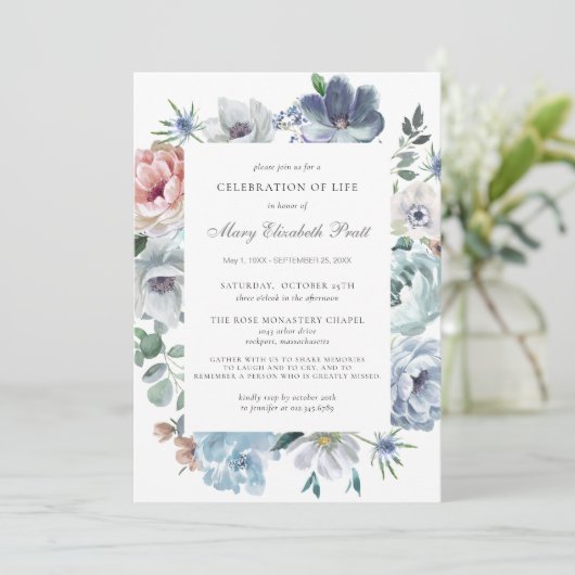 お祝いの生活ほこりっぽい青いフローラ葬儀 招待状 (スタンド正面)