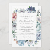 お祝いの生活ほこりっぽい青いフローラ葬儀 招待状 (正面/裏面)