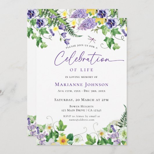 お祝いの生活水彩フローラ葬儀 招待状 (正面/裏面)